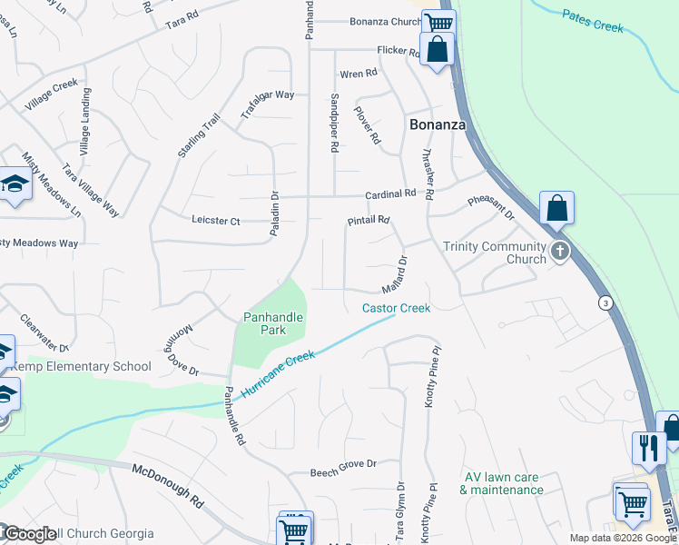 map of restaurants, bars, coffee shops, grocery stores, and more near 1573 Pintail Road in Jonesboro