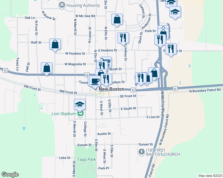 map of restaurants, bars, coffee shops, grocery stores, and more near in New Boston