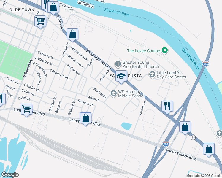 map of restaurants, bars, coffee shops, grocery stores, and more near 416 Orange Street in Augusta