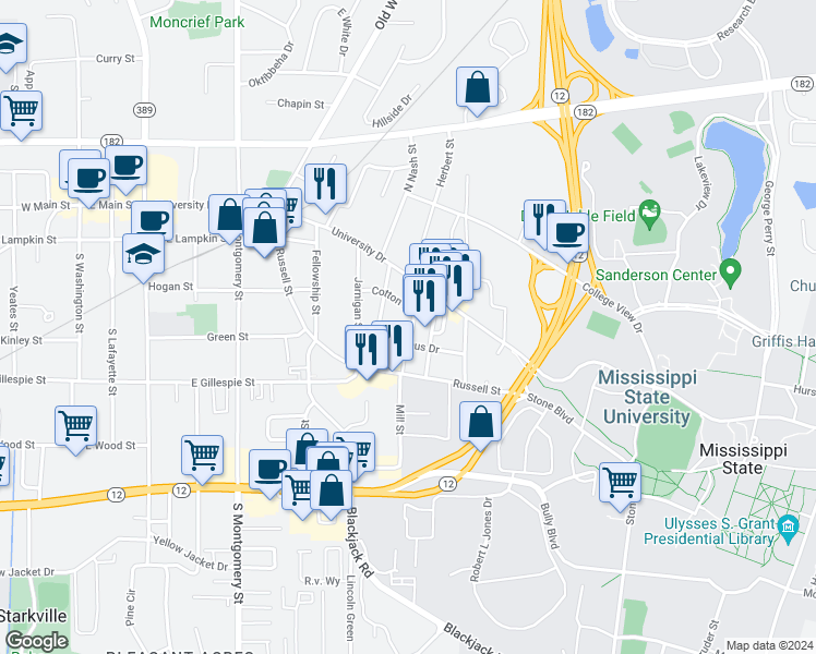 map of restaurants, bars, coffee shops, grocery stores, and more near 46 Holtsinger Avenue in Starkville