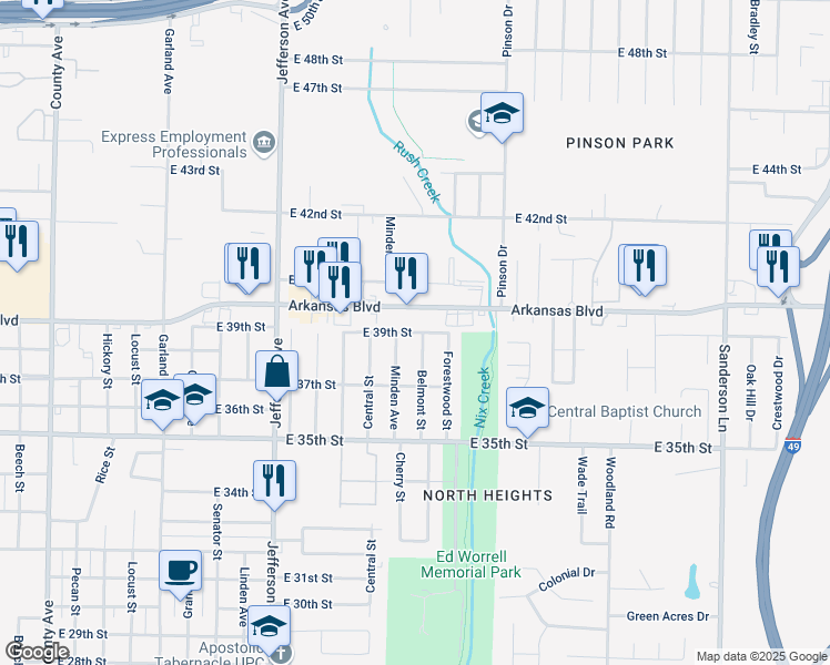 map of restaurants, bars, coffee shops, grocery stores, and more near 1720 Arkansas Boulevard in Texarkana