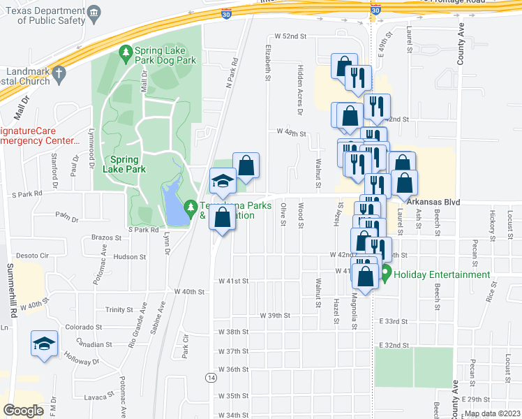 map of restaurants, bars, coffee shops, grocery stores, and more near 4412 Texas Boulevard in Texarkana