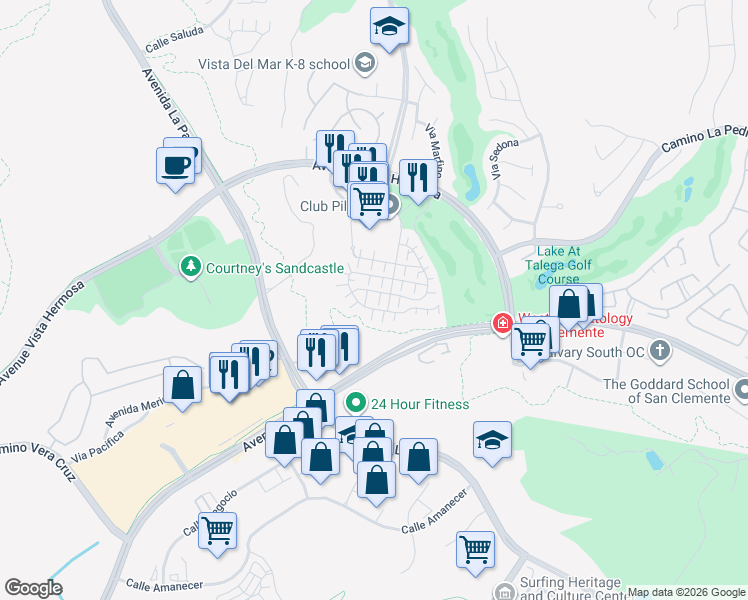 map of restaurants, bars, coffee shops, grocery stores, and more near 8 Paseo Del Rey in San Clemente