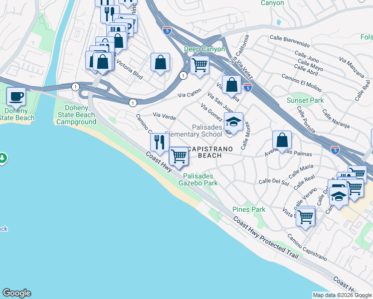 map of restaurants, bars, coffee shops, grocery stores, and more near 34626 Via Catalina in Dana Point