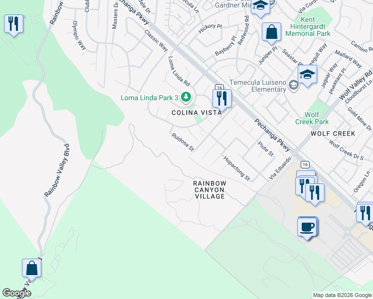 map of restaurants, bars, coffee shops, grocery stores, and more near 31117 Ruidosa Street in Temecula