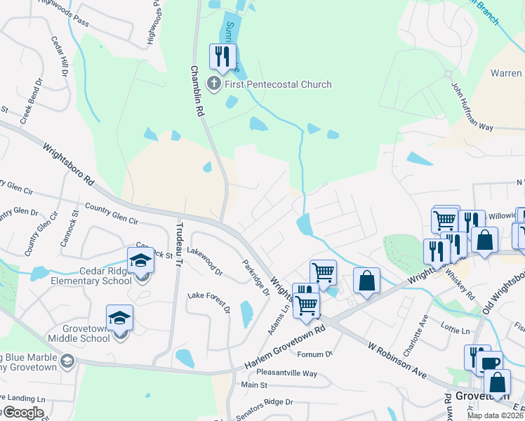 map of restaurants, bars, coffee shops, grocery stores, and more near 231 Lynbrook Way in Grovetown