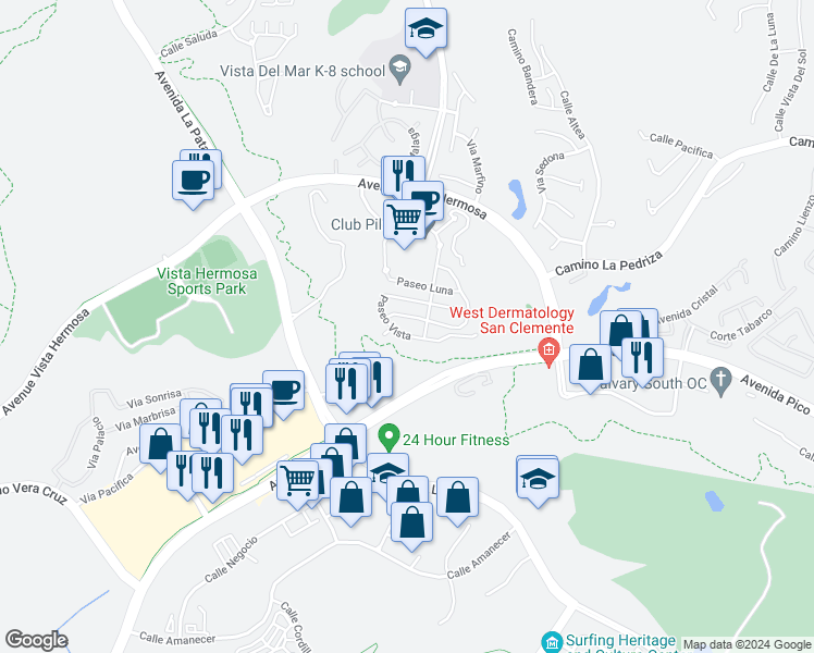 map of restaurants, bars, coffee shops, grocery stores, and more near 34 Paseo Rosa in San Clemente