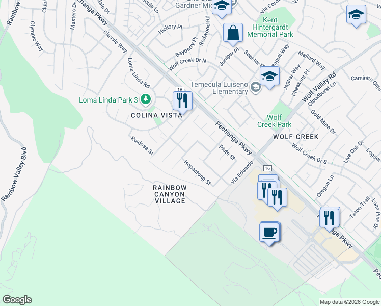 map of restaurants, bars, coffee shops, grocery stores, and more near 31163 Lahontan Street in Temecula
