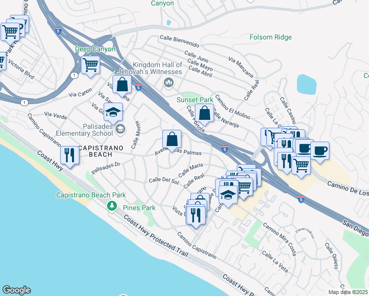 map of restaurants, bars, coffee shops, grocery stores, and more near 26831 Avenida Las Palmas in Dana Point