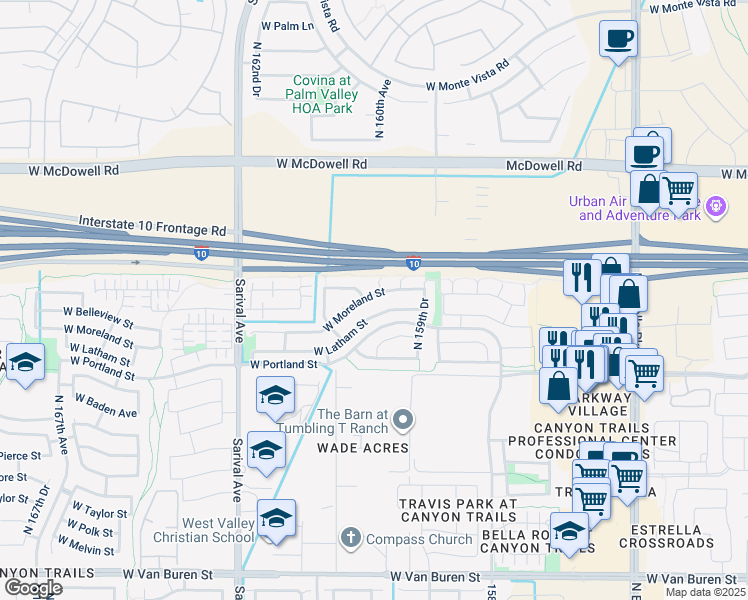 map of restaurants, bars, coffee shops, grocery stores, and more near 16019 West Moreland Street in Goodyear