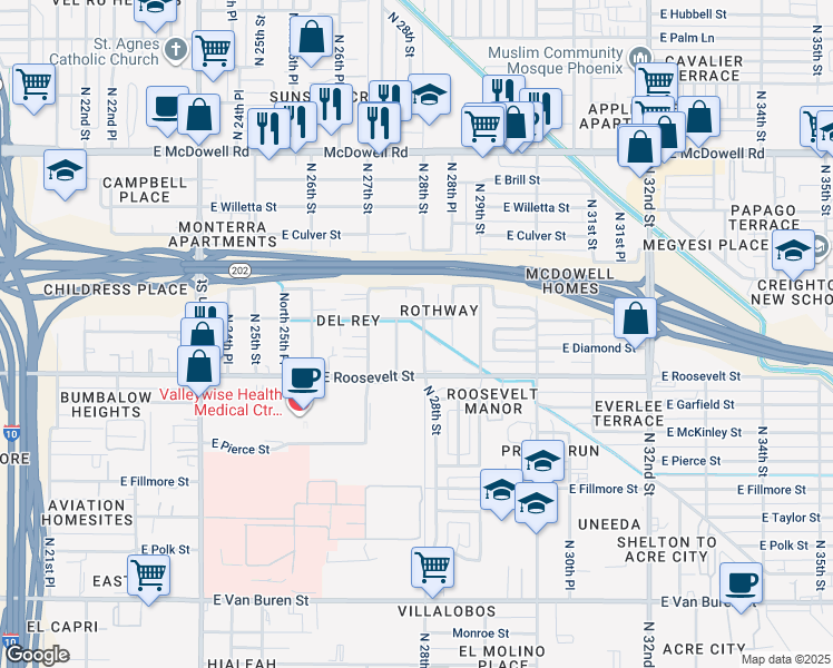 map of restaurants, bars, coffee shops, grocery stores, and more near 1101 North 28th Street in Phoenix