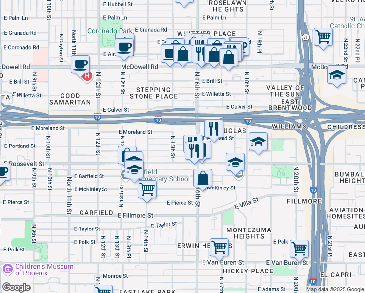 map of restaurants, bars, coffee shops, grocery stores, and more near 1533 East Portland Street in Phoenix