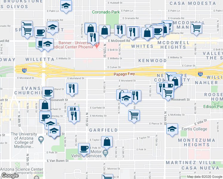 map of restaurants, bars, coffee shops, grocery stores, and more near 1206 East Portland Street in Phoenix