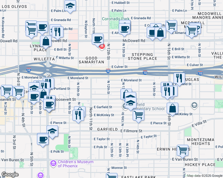 map of restaurants, bars, coffee shops, grocery stores, and more near 1206 East Portland Street in Phoenix