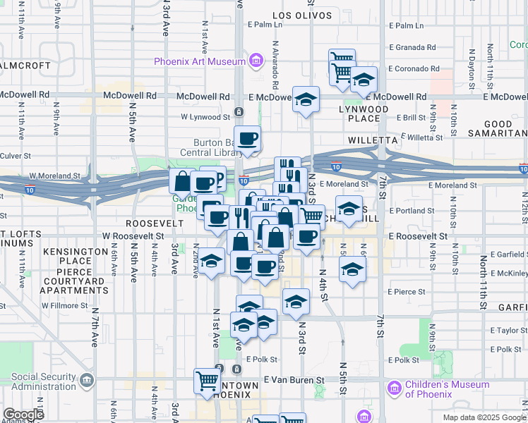 map of restaurants, bars, coffee shops, grocery stores, and more near in Phoenix