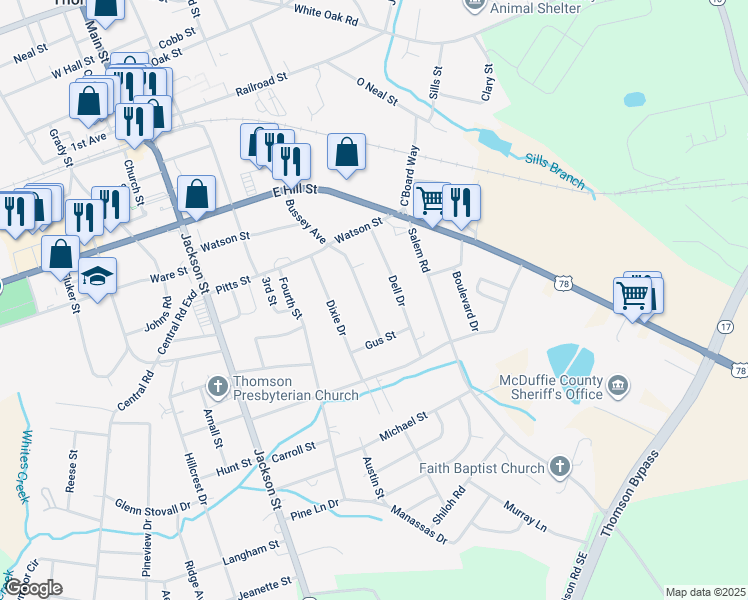 map of restaurants, bars, coffee shops, grocery stores, and more near 444 Bussey Avenue in Thomson