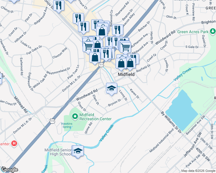 map of restaurants, bars, coffee shops, grocery stores, and more near 147 Brookwood Road East in Birmingham