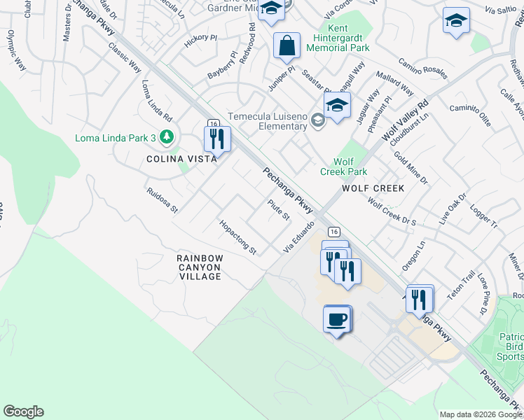 map of restaurants, bars, coffee shops, grocery stores, and more near 31297 Huron Street in Temecula