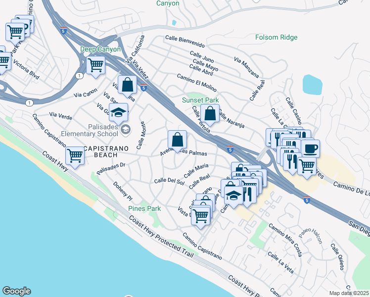 map of restaurants, bars, coffee shops, grocery stores, and more near 26801 Avenida Las Palmas in Dana Point