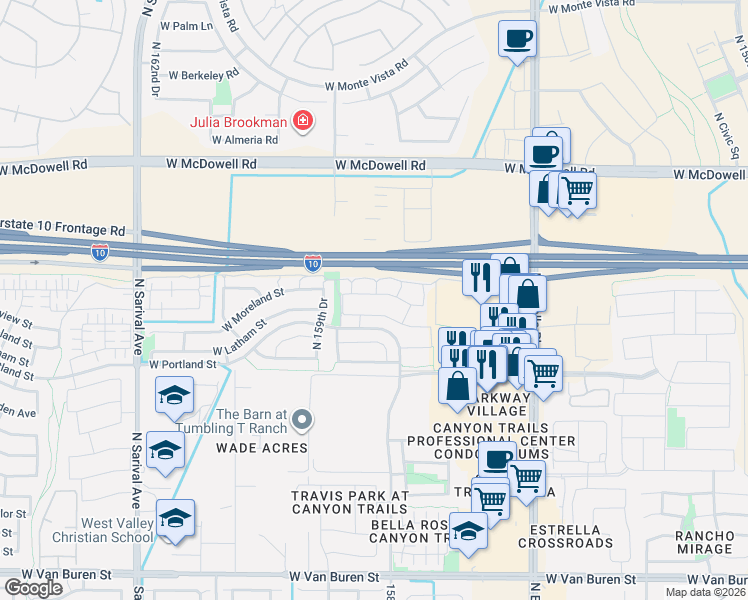 map of restaurants, bars, coffee shops, grocery stores, and more near 1232 North 158th Drive in Goodyear