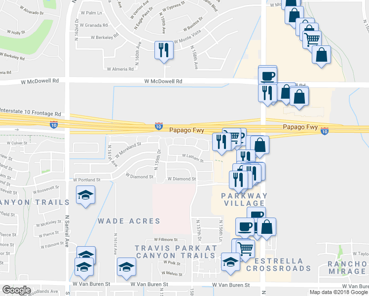 map of restaurants, bars, coffee shops, grocery stores, and more near 15833 West Moreland Street in Goodyear