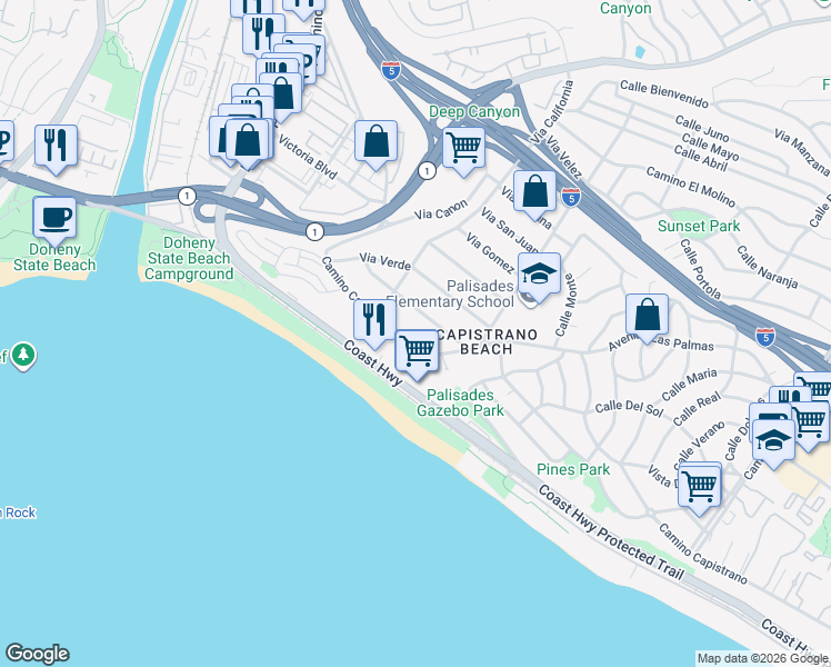 map of restaurants, bars, coffee shops, grocery stores, and more near 34602 Camino Capistrano in Dana Point