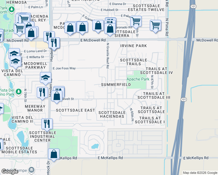map of restaurants, bars, coffee shops, grocery stores, and more near 1131 North Granite Reef Road in Scottsdale