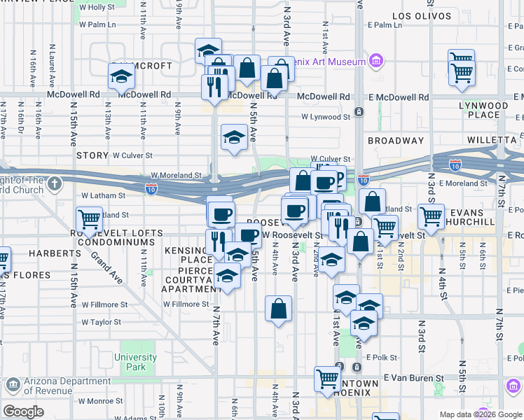 map of restaurants, bars, coffee shops, grocery stores, and more near 348 West Portland Street in Phoenix
