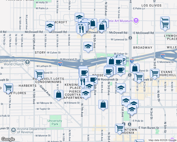 map of restaurants, bars, coffee shops, grocery stores, and more near 524 West Portland Street in Phoenix