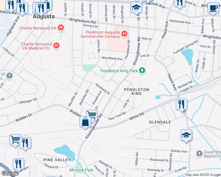map of restaurants, bars, coffee shops, grocery stores, and more near 2206 Joyce Street in Augusta