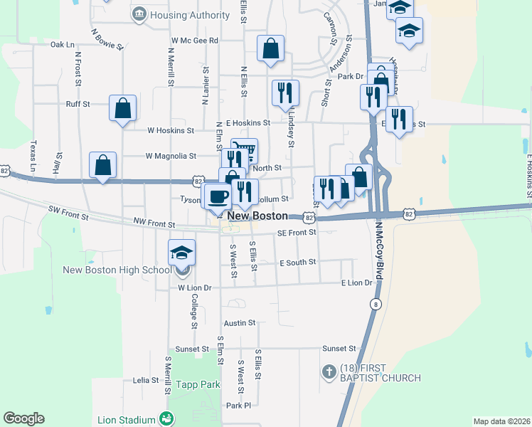 map of restaurants, bars, coffee shops, grocery stores, and more near 108 North Center Street in New Boston