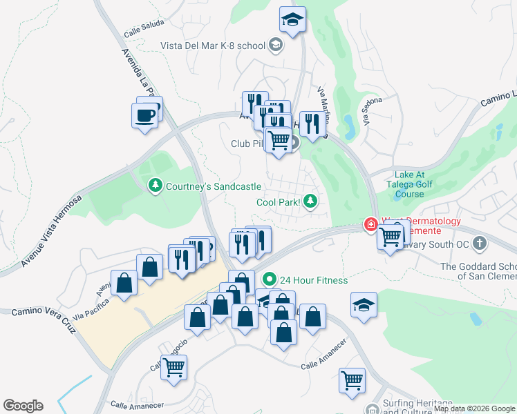 map of restaurants, bars, coffee shops, grocery stores, and more near 64 Paseo Vista in San Clemente