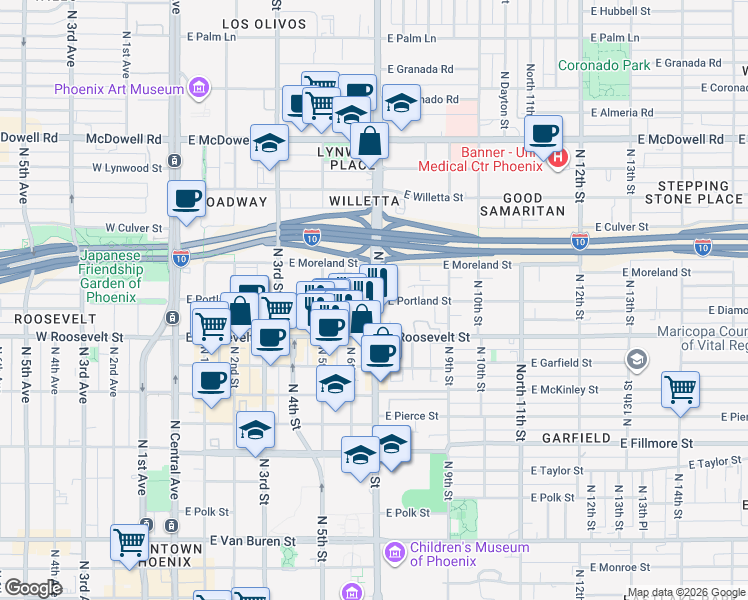 map of restaurants, bars, coffee shops, grocery stores, and more near N 7th St & E Portland St in Phoenix