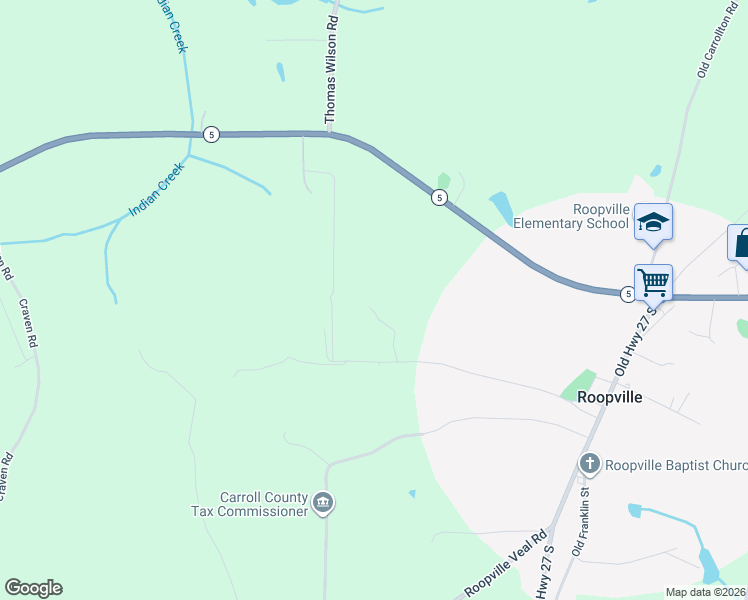 map of restaurants, bars, coffee shops, grocery stores, and more near 305 West Drive in Roopville