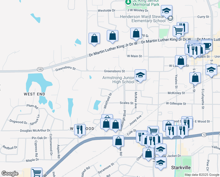 map of restaurants, bars, coffee shops, grocery stores, and more near 606 Whitfield Street in Starkville
