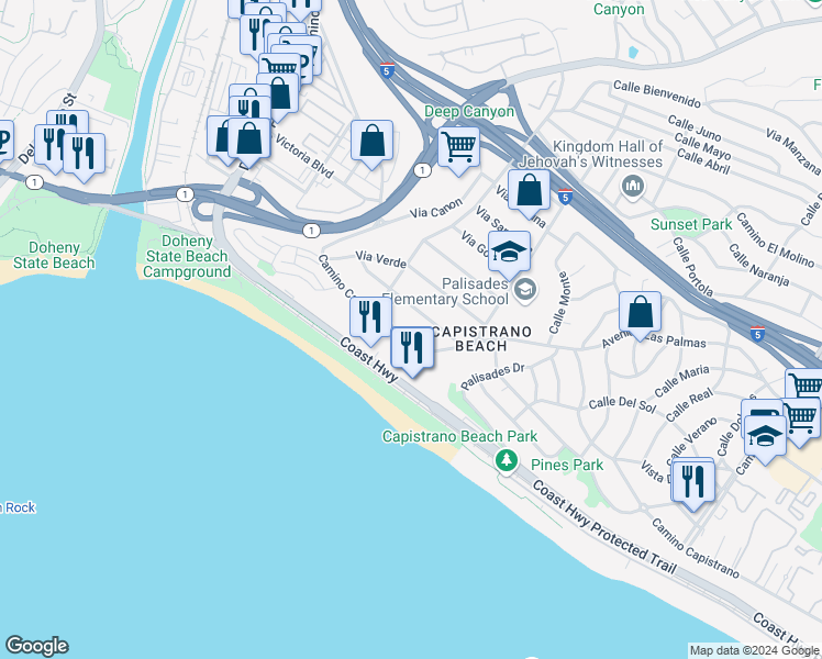 map of restaurants, bars, coffee shops, grocery stores, and more near 34602 Camino Capistrano in Dana Point