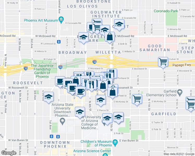 map of restaurants, bars, coffee shops, grocery stores, and more near E Portland St & N 5th St in Phoenix