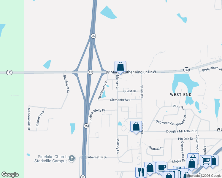 map of restaurants, bars, coffee shops, grocery stores, and more near 612 Mallory Lane in Starkville