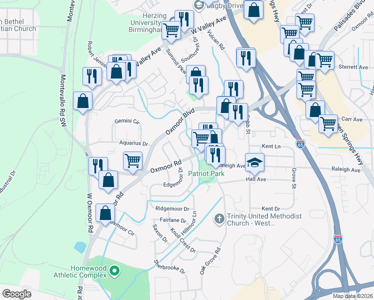 map of restaurants, bars, coffee shops, grocery stores, and more near 541 Edgecrest Circle in Birmingham