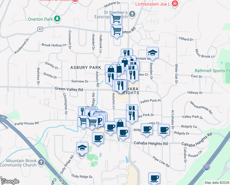 map of restaurants, bars, coffee shops, grocery stores, and more near 3150 Green Valley Road in Birmingham