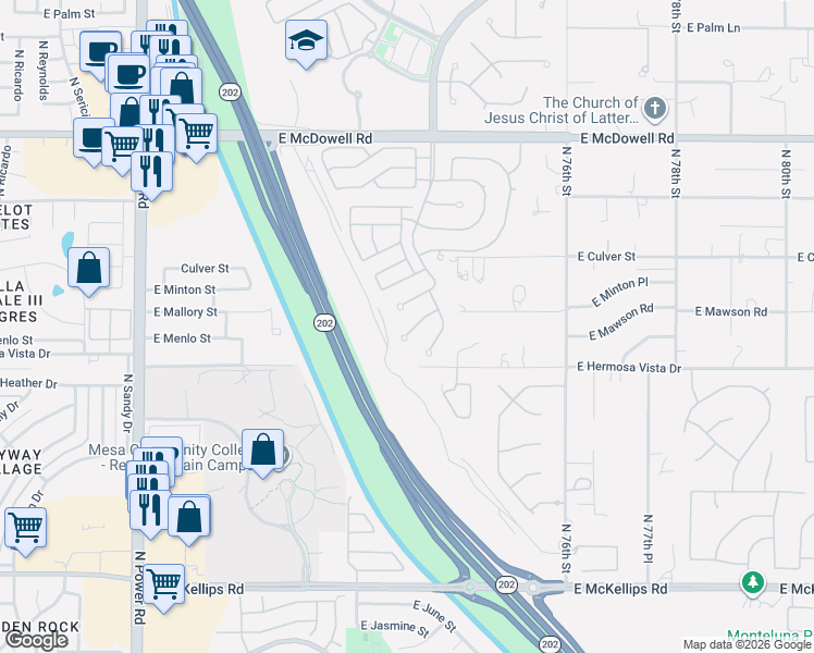 map of restaurants, bars, coffee shops, grocery stores, and more near 7307 East Minton Circle in Mesa