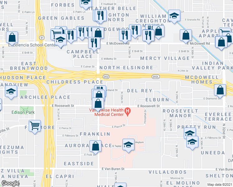 map of restaurants, bars, coffee shops, grocery stores, and more near 1102 North 25th Place in Phoenix