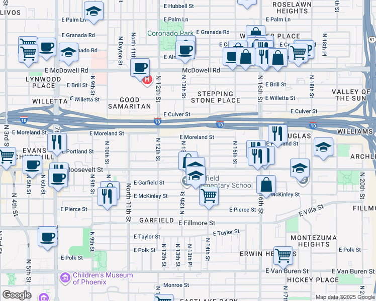 map of restaurants, bars, coffee shops, grocery stores, and more near 1124 North 13th Street in Phoenix