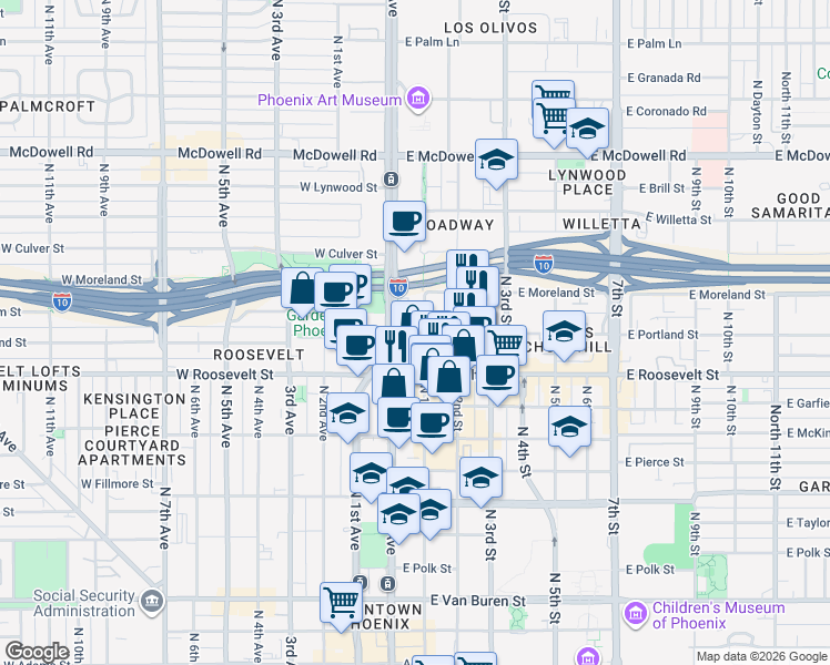 map of restaurants, bars, coffee shops, grocery stores, and more near in Phoenix