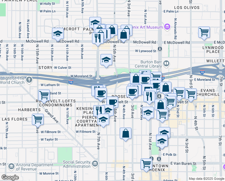 map of restaurants, bars, coffee shops, grocery stores, and more near 348 West Portland Street in Phoenix