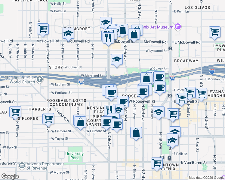 map of restaurants, bars, coffee shops, grocery stores, and more near 524 West Portland Street in Phoenix
