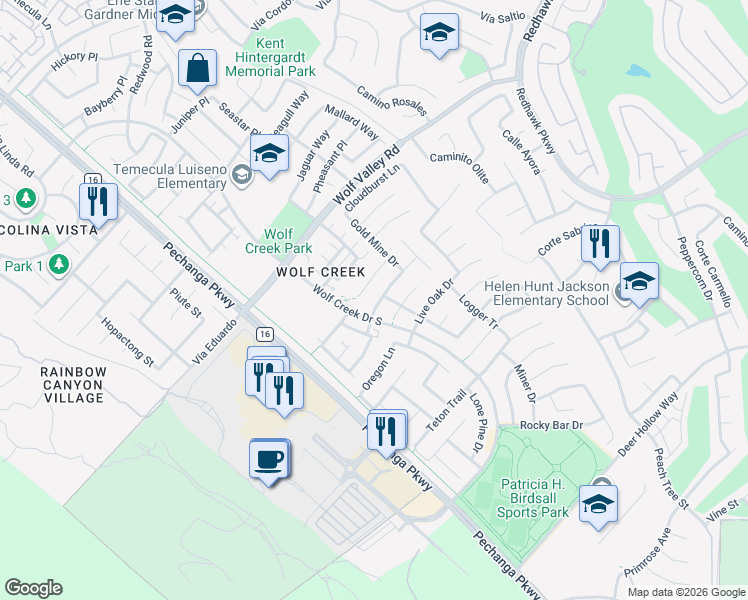 map of restaurants, bars, coffee shops, grocery stores, and more near 31957 Wildwood Court in Temecula