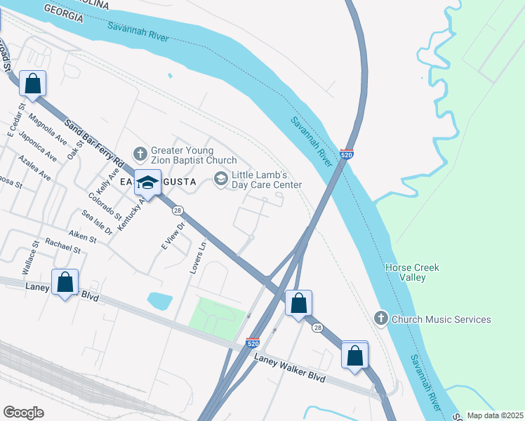 map of restaurants, bars, coffee shops, grocery stores, and more near 401 Fairhope Street in Augusta