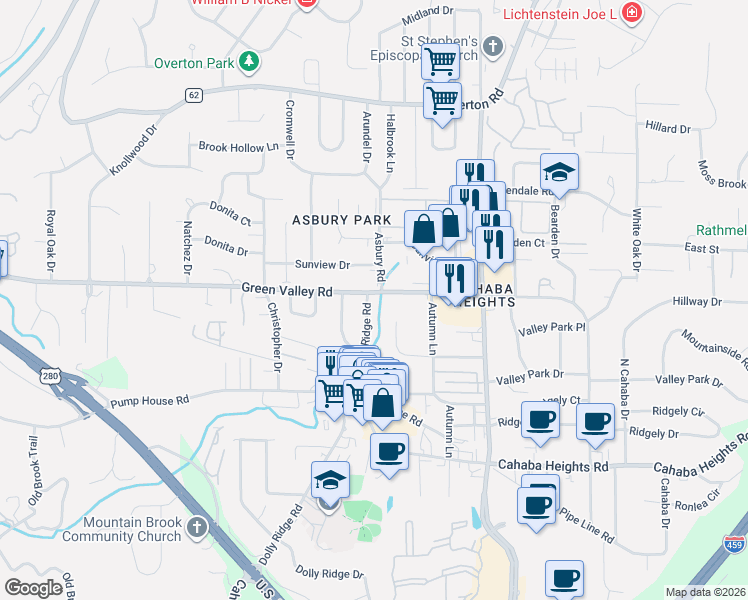map of restaurants, bars, coffee shops, grocery stores, and more near 3070 Green Valley Road in Vestavia Hills