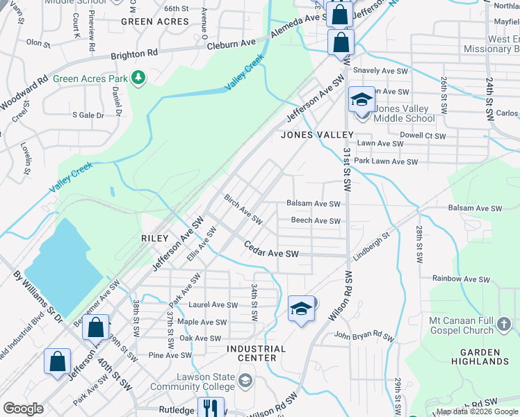 map of restaurants, bars, coffee shops, grocery stores, and more near 3412 Park Avenue Southwest in Birmingham